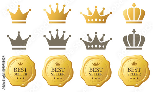 王冠アイコンとベストセラーバッジ（封蝋風）のセット・高級デザイン素材