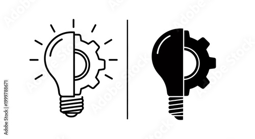 Split light bulb illustration with gears representing innovation, engineering and concept design.