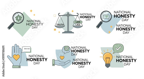 A set of six National Honesty Day vector designs featuring scales, magnifying glasses, and hands holding hearts, presented in a clean, minimalist style with pastel colors that create
