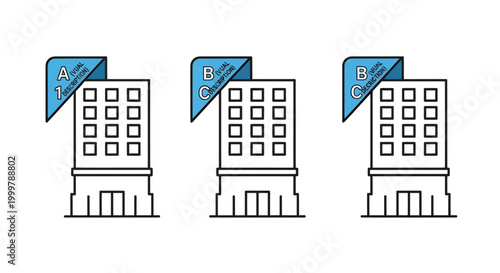 Three identical office buildings with blue corner tags in a row for a simple urban scene.