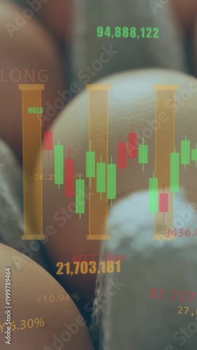 Vertical video: Camera shifting past torn carton tip, eggs moving, chart scrolling, showing markets