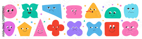 Geometric shape characters set cute blob faces and funny expressions. Abstract playful organic forms with eyes and emotions messy modern geometry cartoon style smiling figures grungy decorative design