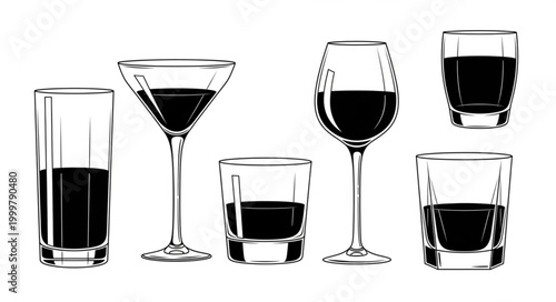 Collection of Various Glasses Filled with Different Liquids.