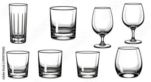 Collection of Various Glassware Including Tall and Short Drinking Glasses.