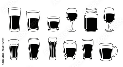 Collection of Various Glasses Filled with Dark Liquids.