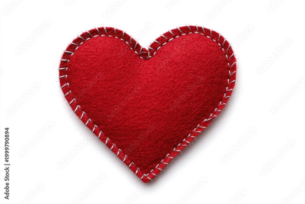 Fototapeta premium Red heart shape made of fabric with white stitching on white background for love, romance, decoration and handmade craft concept.