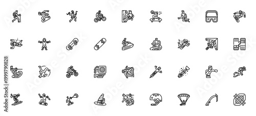 Extreme Sport icon set. Vector illustration pack. Includes hiking, surfing, climbing, bmx, snowboarding, skydiving, rafting and more. Editable stroke.