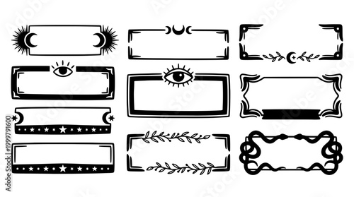 Set of hand drawn minimalist mystical tarot blank banner frames. Features boho celestial sun, moon phases, magic eye, serpent, stars, and leaves