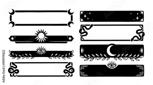 Set of witchy black banner templates and empty text box borders. Featuring boho celestial sun, magic moon, snake, mystic eye, and plant leaves