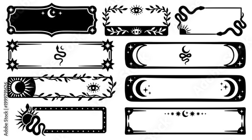 Collection of blank black and white mystical banner frames and borders. Includes celestial moon, stars, boho snake, magic eye, and botanical leaves