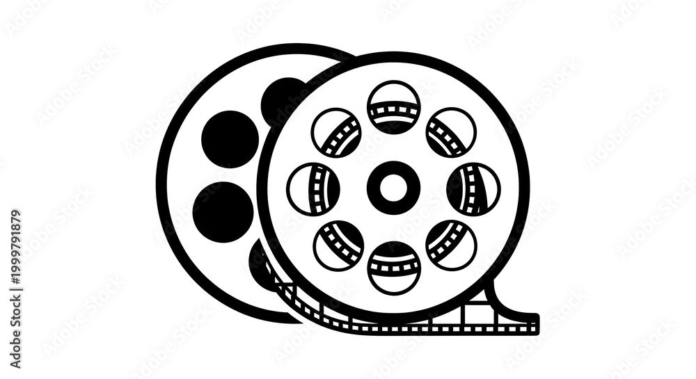 Fototapeta premium Retro film reels vector icon. Black and white graphic symbol representing cinema, movie production, video, entertainment, and media.