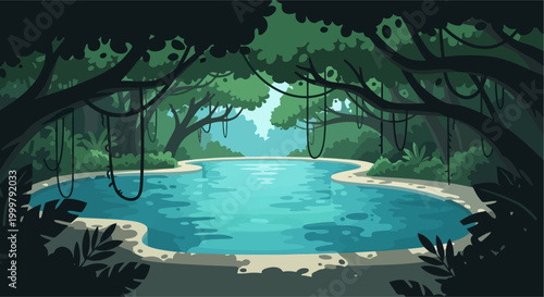 Serene jungle oasis with lush greenery.