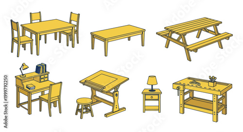 Collection of various wooden furniture pieces.