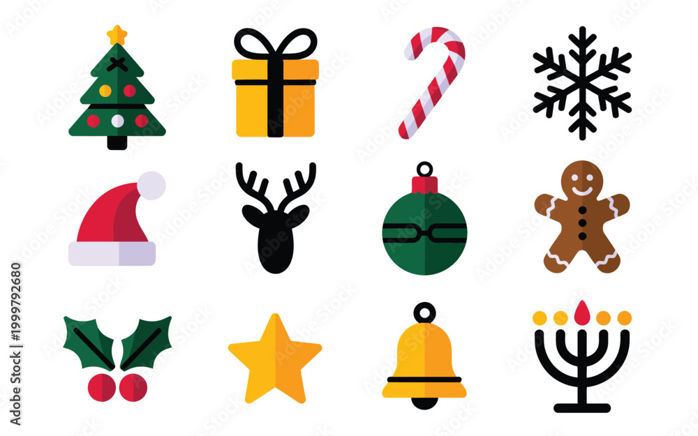 Fototapeta premium Christmas and hanukkah icons set including tree gift candy cane snowflake hat reindeer ornament gingerbread man holly star bell menorah