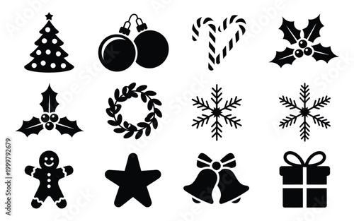 Black christmas icons set including tree ornaments candy cane holly wreath snowflakes gingerbread man star bells and gift on white background for holiday decoration and design