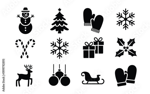 Black and white christmas icons set including snowman tree mittens snowflakes gifts and holiday symbols on white background