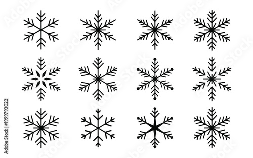 Black snowflakes isolated on white background winter symbols frosty decorations snowflake patterns