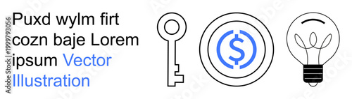 Business strategy, innovation, financial security, monetary concepts, creative solutions, knowledge tools. Minimalist icons of a key, dollar symbol and light bulb. Finance and innovation concept