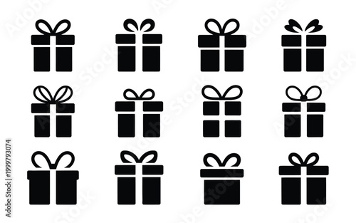 Black gift box icons with ribbons arranged in rows on white background for presents and celebrations