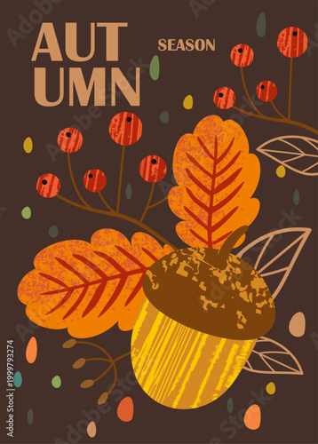 Autumn leaves and acorn. Vector illustration