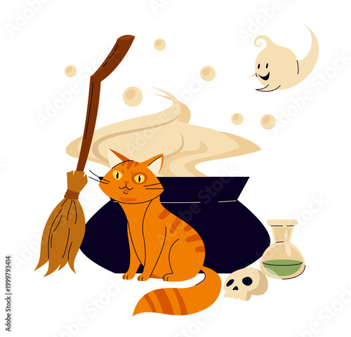 Witch cat with cauldron scene. Vector illustration