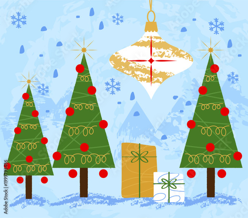 Festive trees and gifts. Vector illustration