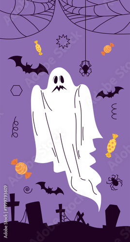 Ghost with candies on purple. Vector illustration