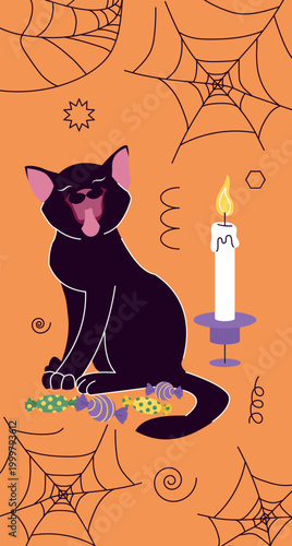 Happy Halloween Cat Scene. Vector illustration