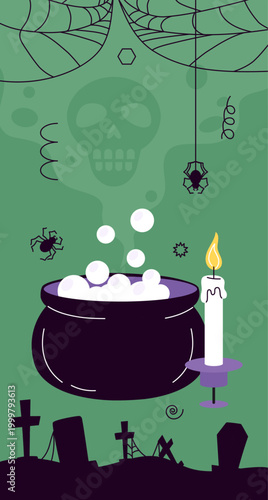 Spooky cauldron scene. Vector illustration