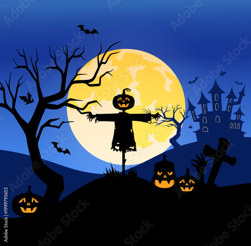 Halloween scarecrow scene. Vector illustration