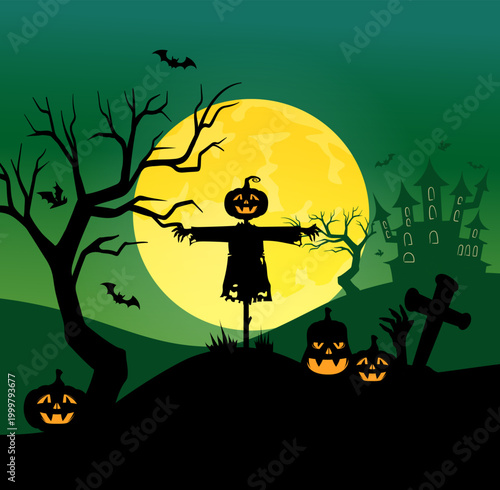 Halloween night scene. Vector illustration
