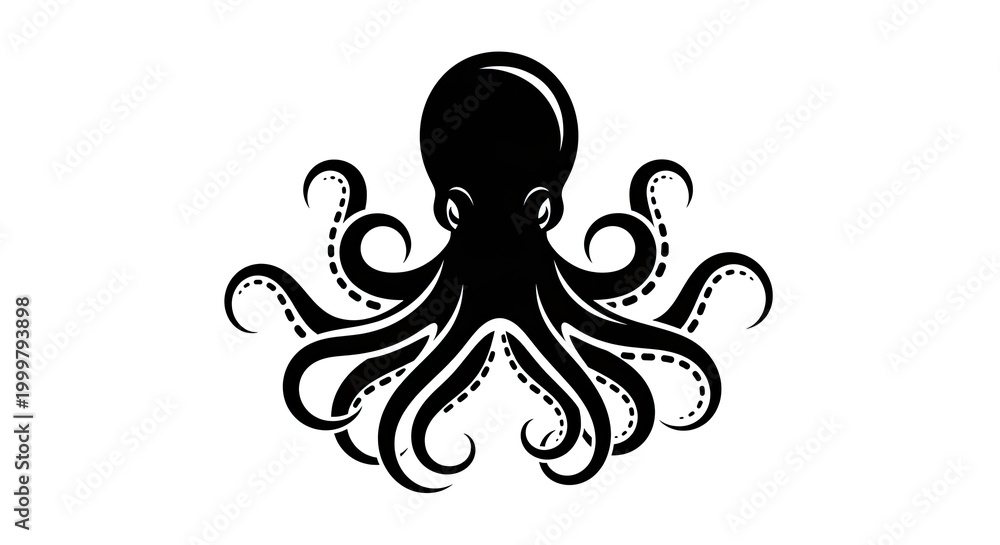 Naklejka premium Intricate black octopus silhouette illustration. Stylized marine animal with curling tentacles, perfect for ocean life designs.