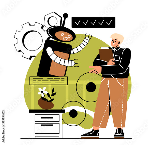 Robot and worker interaction. Vector illustration