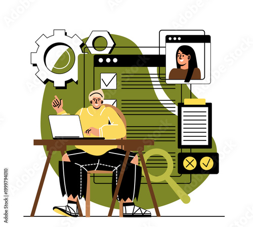 Man working on digital tasks. Vector illustration