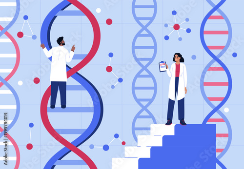 Scientists with DNA strands. Vector illustration