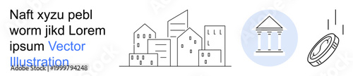 Urban development, banking, investment, financial services, economic growth, wealth management. Minimalistic city buildings, classical bank icon falling coin. Banking and investment