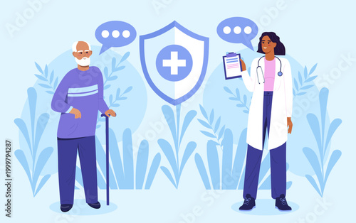 Doctor with senior patient illustration. Vector illustration