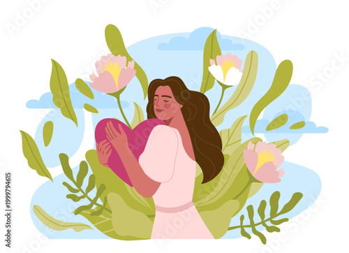 Woman hugging heart in flowers. Vector illustration