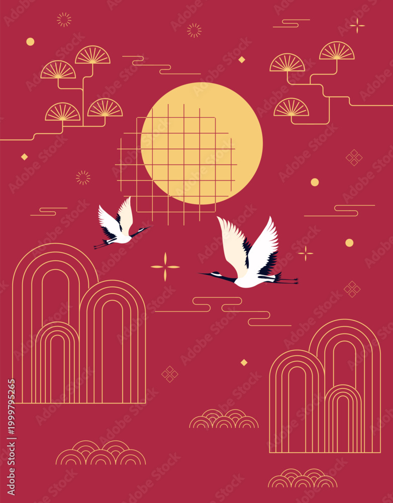 Fototapeta premium Flying cranes with sun on red. Vector illustration