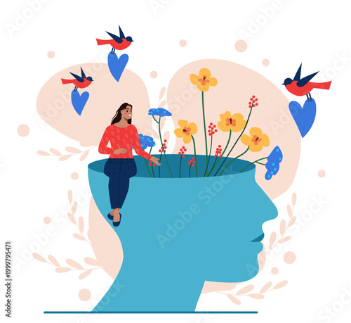 Mind bloom with woman and birds. Vector illustration