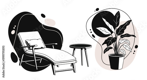 Modern lounge chair and houseplant illustration.