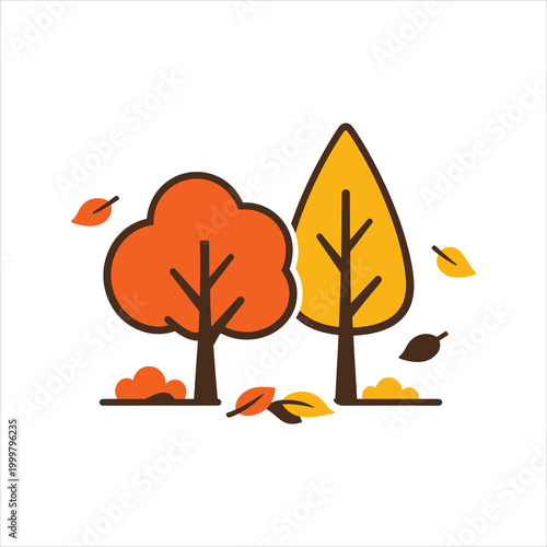 Two stylized autumn trees with falling leaves during the season Vector Illustration Isolated on white background