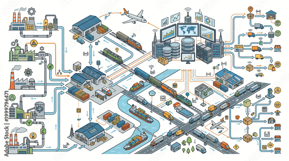 Fototapeta premium Industrial processes and transportation network diagram.