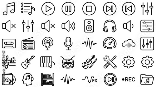Modern audio and music icons set featuring recording, playback, editing, and instrument symbols in clean vector style