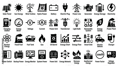 Modern collection of flat design icons representing various renewable energy sources, power generation, and eco-friendly technology concepts