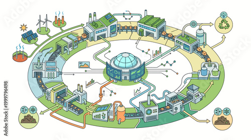 Circular economy concept with industrial and environmental processes.