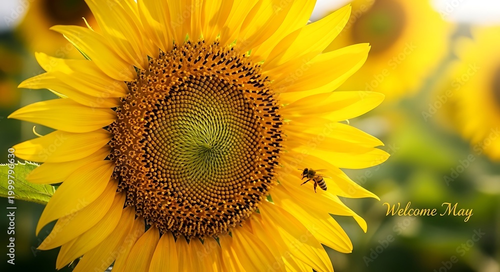 Obraz premium Bright yellow sunflower with bee in spring garden welcome sign