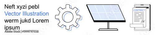 Renewable energy, business agreements, workflows, engineering processes, sustainable development, innovation. Gear, solar panel and contract document in a clean layout. Renewable energy and business