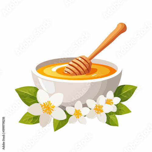Bowl of Honey with Flowers and Wooden Dipper
