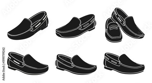 Set of Black Loafers, Classic Mens Driving Shoes, Isolated on White Background